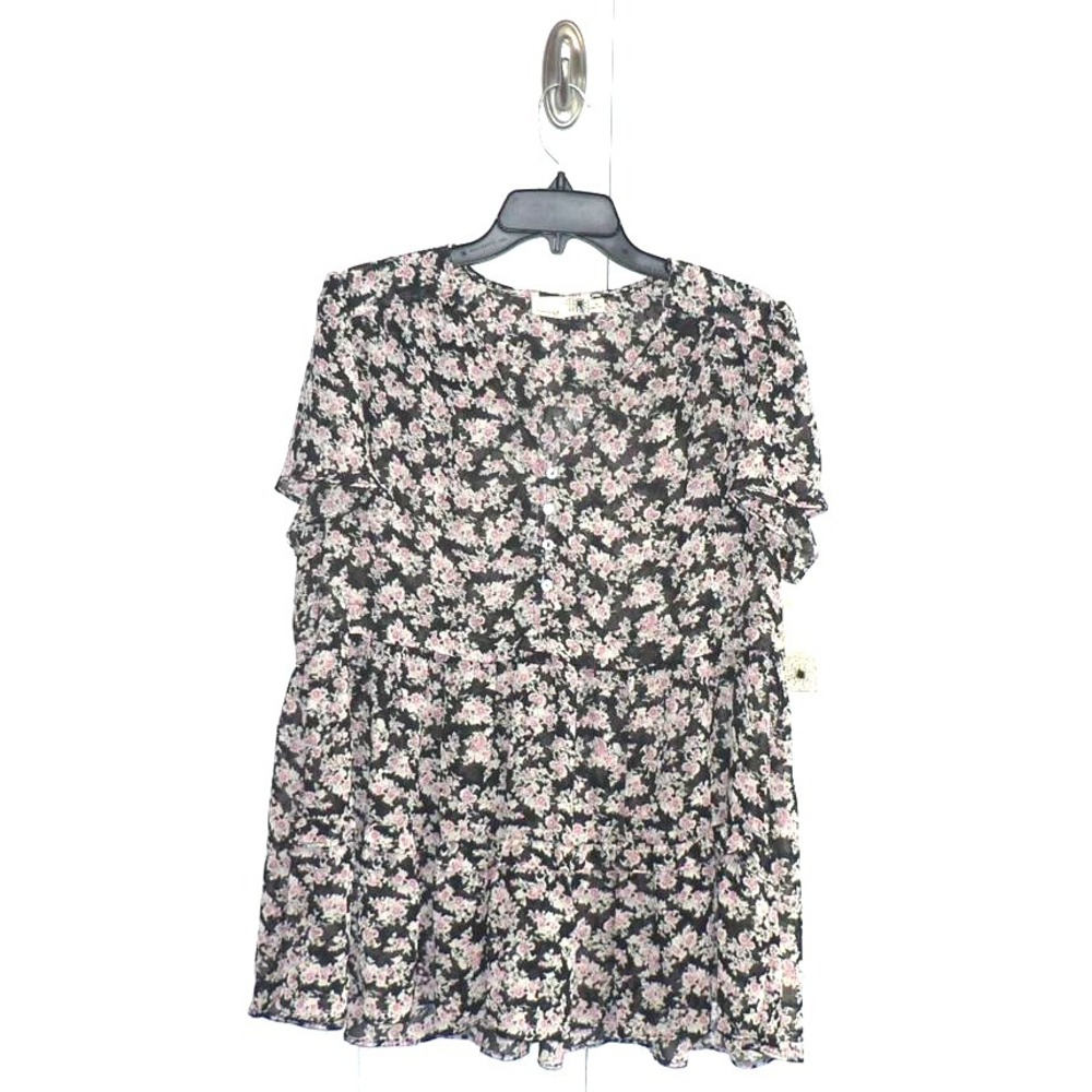Everleigh Short Sleeve Button Front Floral Sheer Babydoll Blouse Black Rose XL